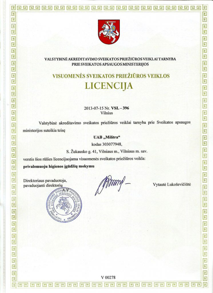 Higienos mokymų licencija kursų organizavimui ir pažymėjimų išdavimui